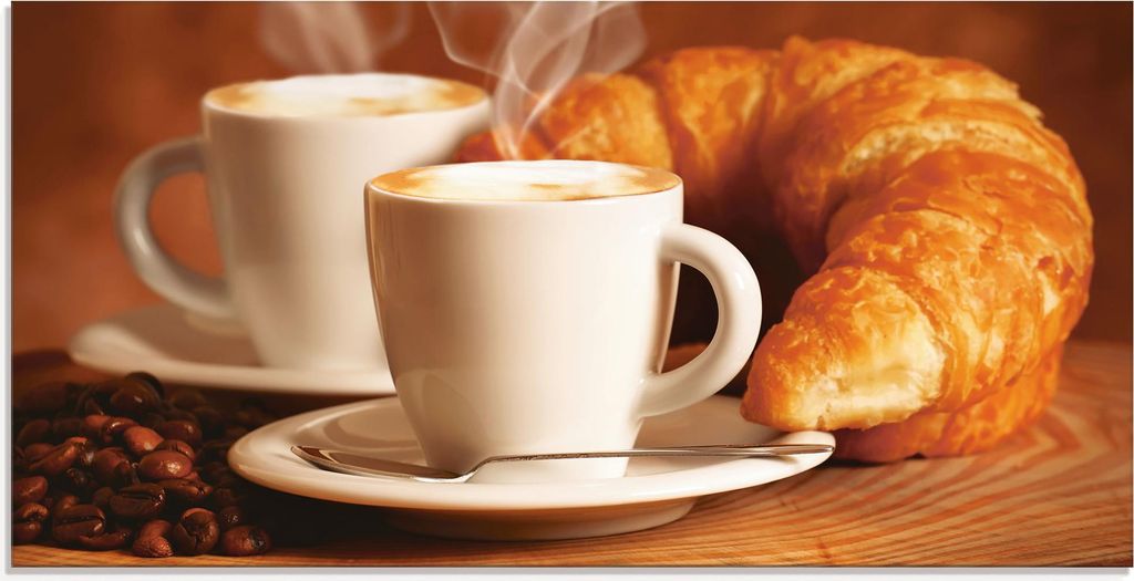 ARTland Glasbild Dampfender Cappuccino und Croissant Größe: 100x50 cm