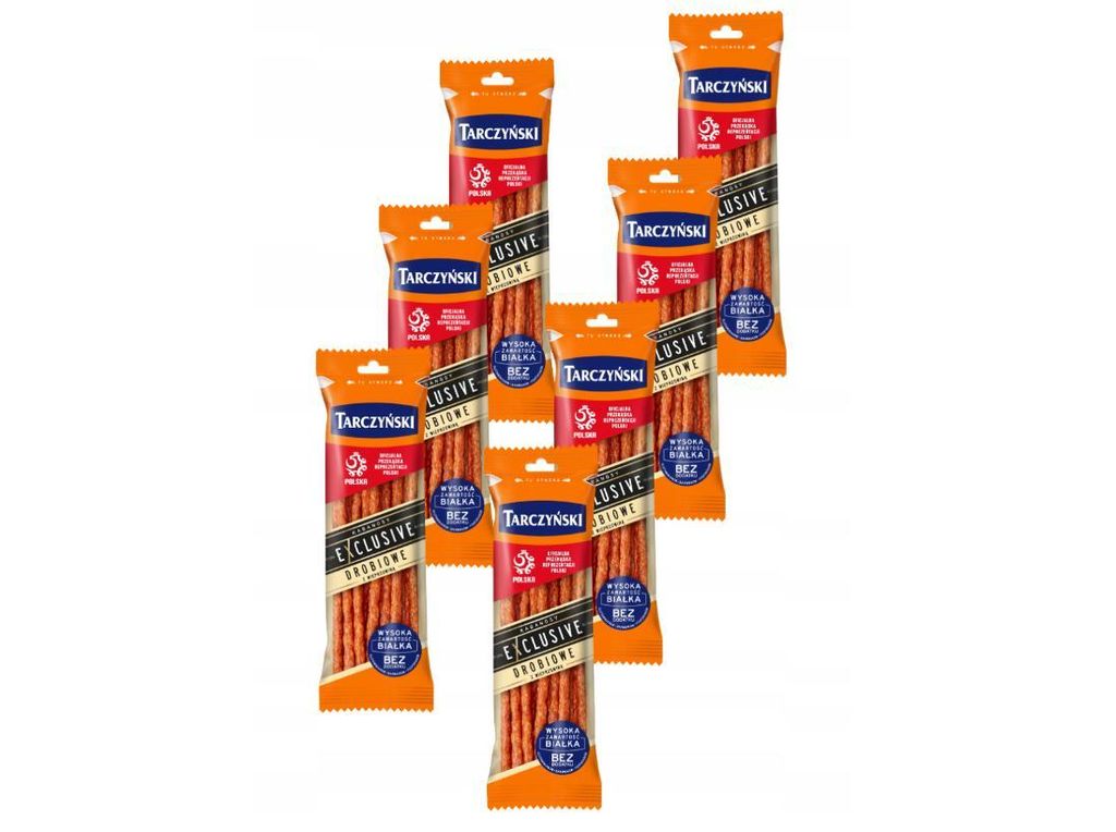 A group of packaged meat snacks arranged diagonally.