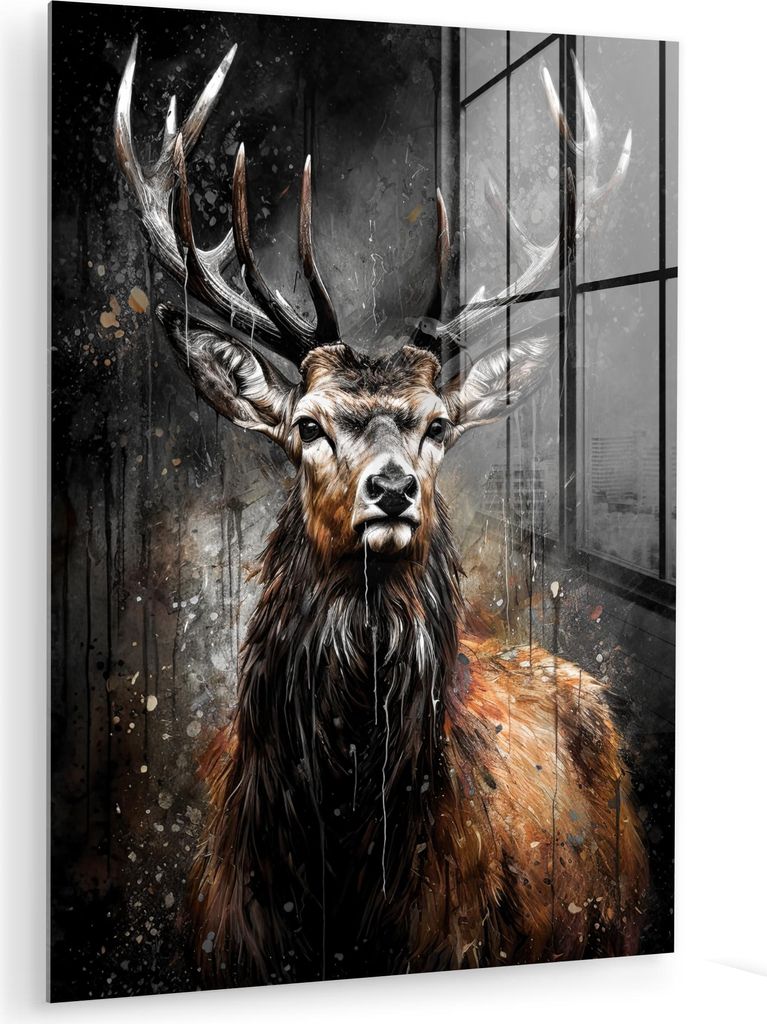 MuchoWow Glasbilder - Bilder auf Wandbild - Foto auf Glas Hirsch - Schwarz - Tier - Hirschkopf 30x40 cm Wanddekoration aus Glas - Acrylglasbild - A...