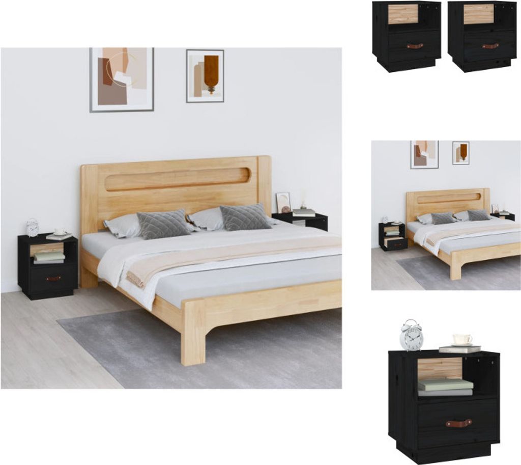 vidaXL Nachttische 2 Stk. Schwarz 40x34x45 cm Massivholz Kiefer - Nachttische