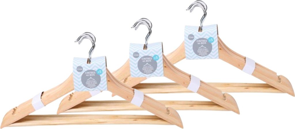 Kleiderbügel aus Holz 44,5cm - 15 Stück - mit Hosensteg und Produktbild 