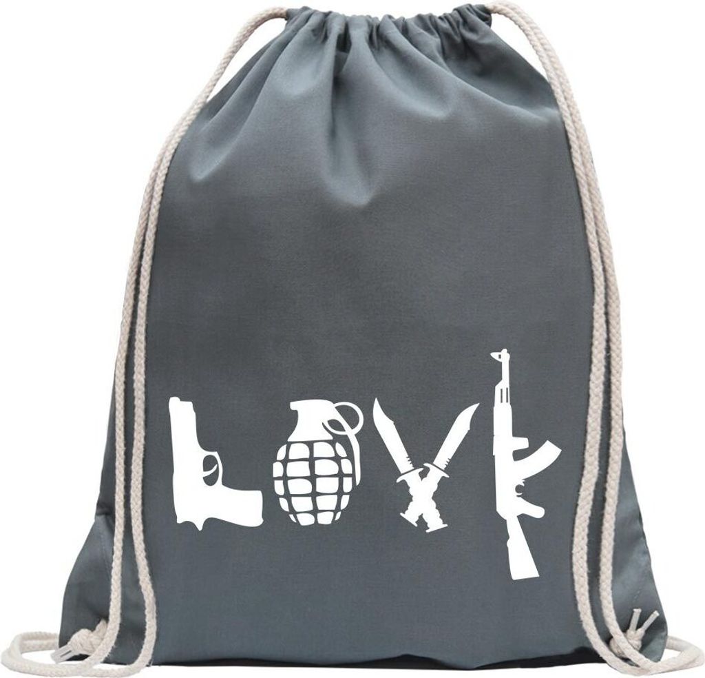 Kiwistar - Turnbeutel - stahlgrau - LOVE Waffen Guns - Fun Rucksack Sport Beutel Gymsack Baumwolle mit Ziehgurt