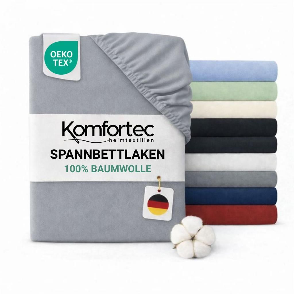A folded fitted sheet is shown prominently, with a stack of other fitted sheets in various colors in the background.