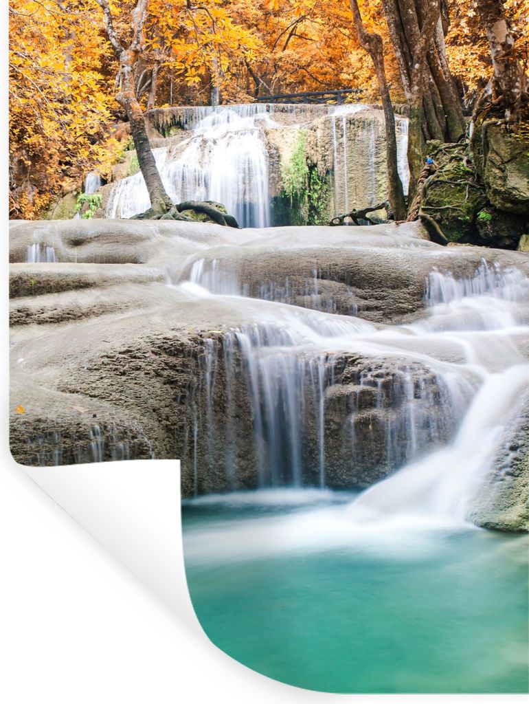 MuchoWow Wandtattoo Wandsticker Wandaufkleber Wald - Wasserfall - Herbst 90x120 cm Selbstklebend und Repositionierbar - Faltenfrei