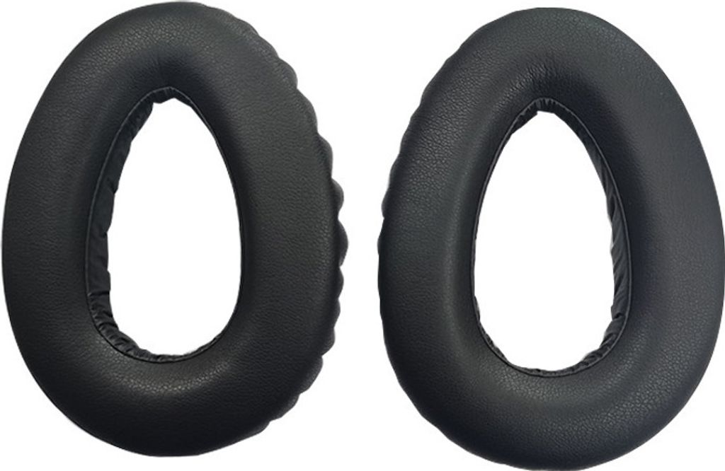 Two black ear pads for headphones are shown against a white background.