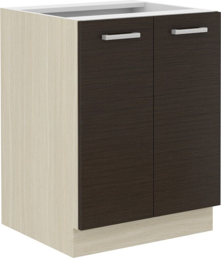 A studio shot of a two-door base cabinet with a plinth.