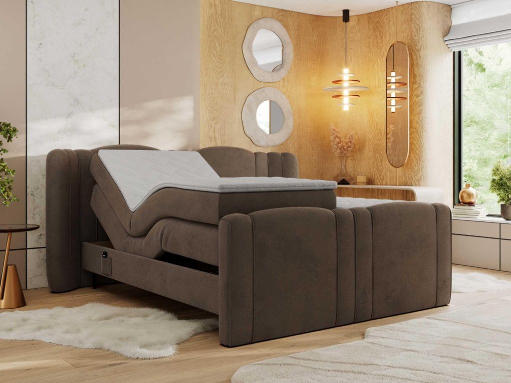 MKS MEBLE Boxspringbett mit motor FORTINA 180x200 cm elektrisch verstellbar 7-Zonen Multipocket Matratze Bettkasten Polsterbett - Braun Velvet - H4