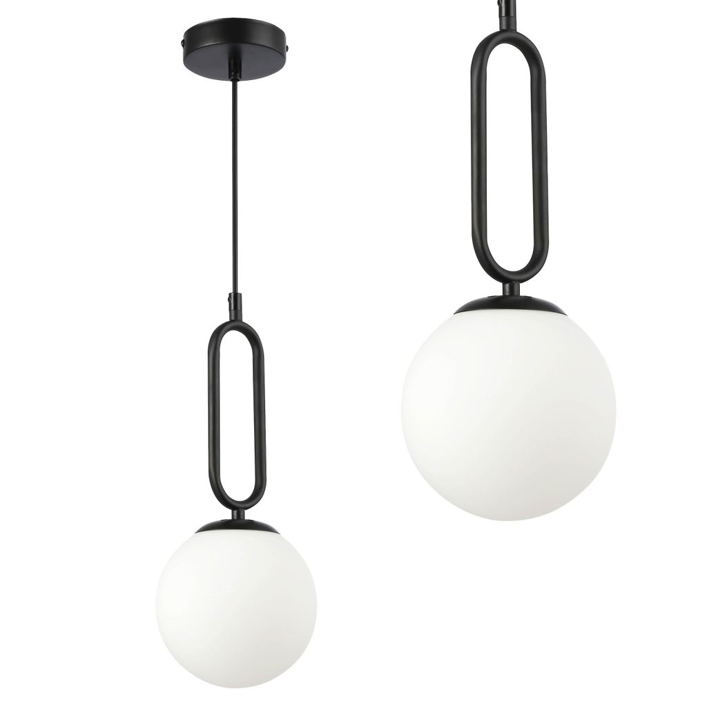 Two black pendant lights with white opal glass globes are shown against a white background.