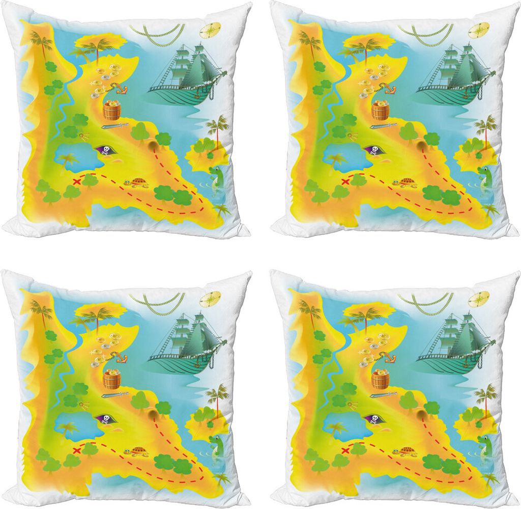 ABAKUHAUS Abenteuer Kissenbezug Set (4 Stück), Karte von Treasure Island, Moderner Doppelseitiger Digitaldruck, 50 cm x 50 cm, Erde Gelb Multicolor