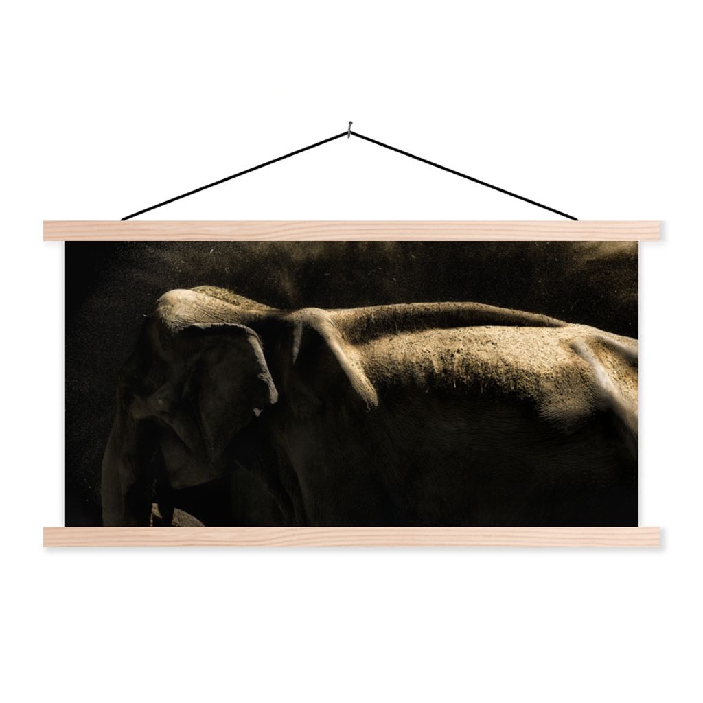 MuchoWow Textilposter Elefant - Schlamm - Tiere - Schwarz 60x30 cm mit holzfarbenen Rahmen - Dekoration