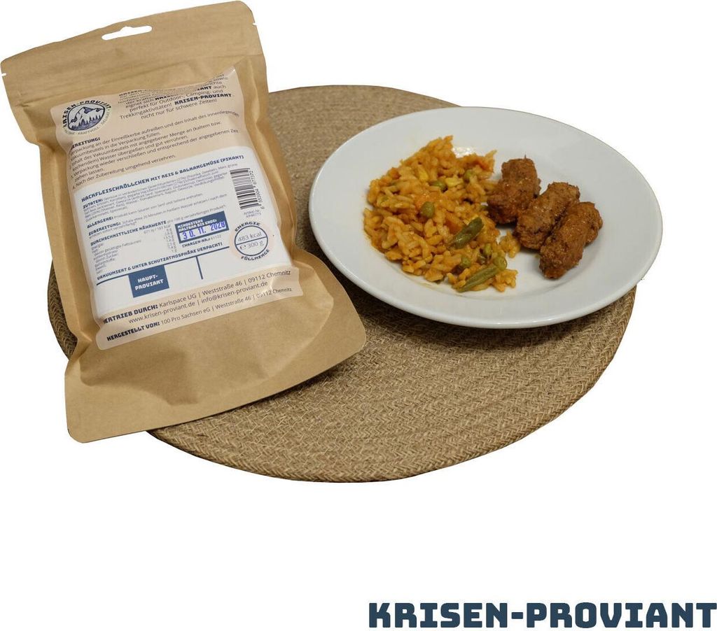 Krisen-Proviant - Hackfleischröllchen mit Reis & Produktbild 