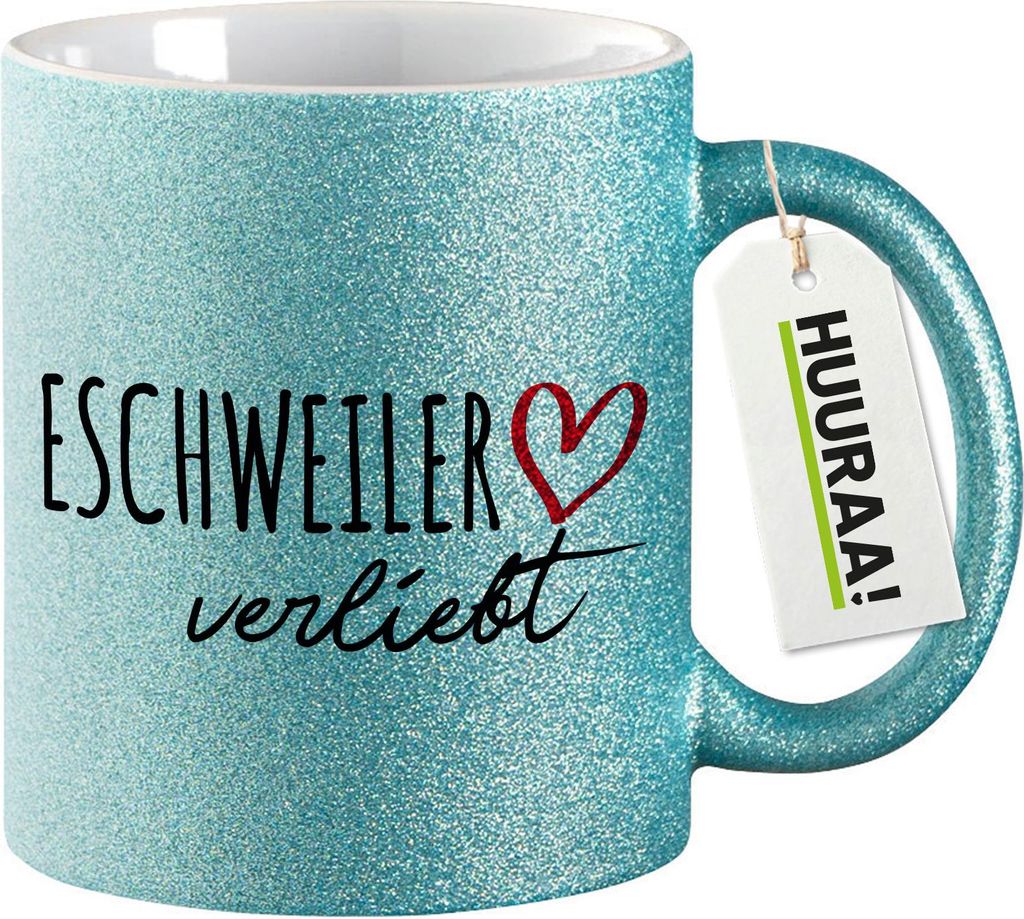 Huuraa Glitzertasse Eschweiler verliebt 330ml Blau Keramik Kaffeebecher Geschenkidee