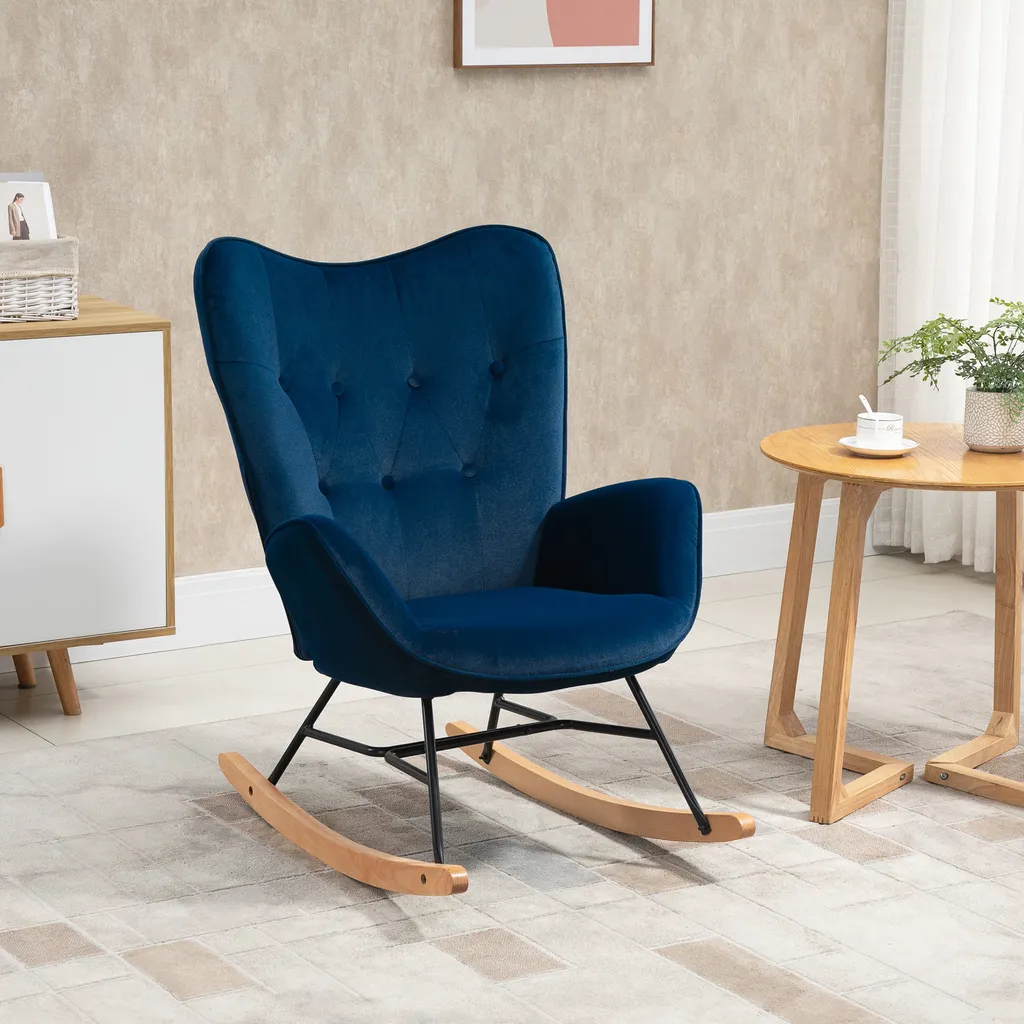 Fauteuil à Bascule Structure Bois et Métal, Assise Moelleuse Bleue