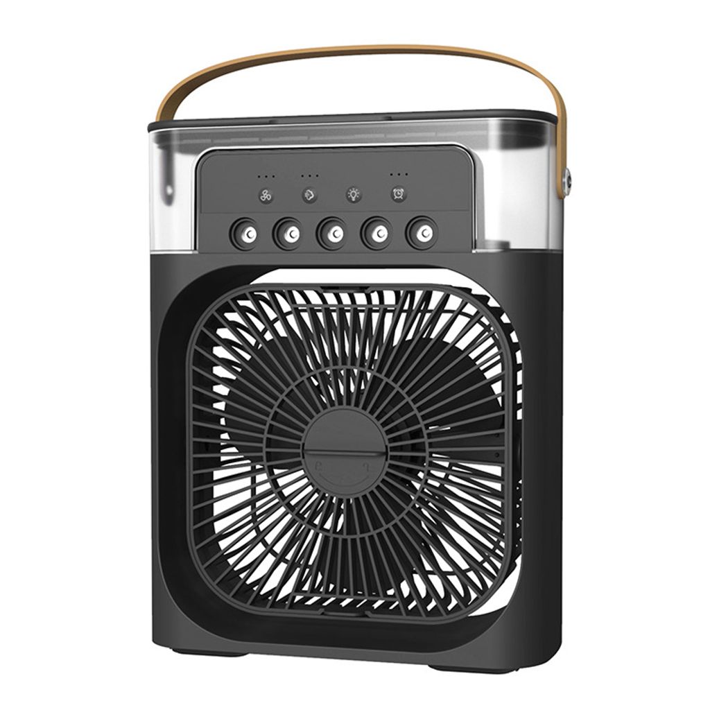 A black portable USB fan with a water tank and control panel on a white background.
