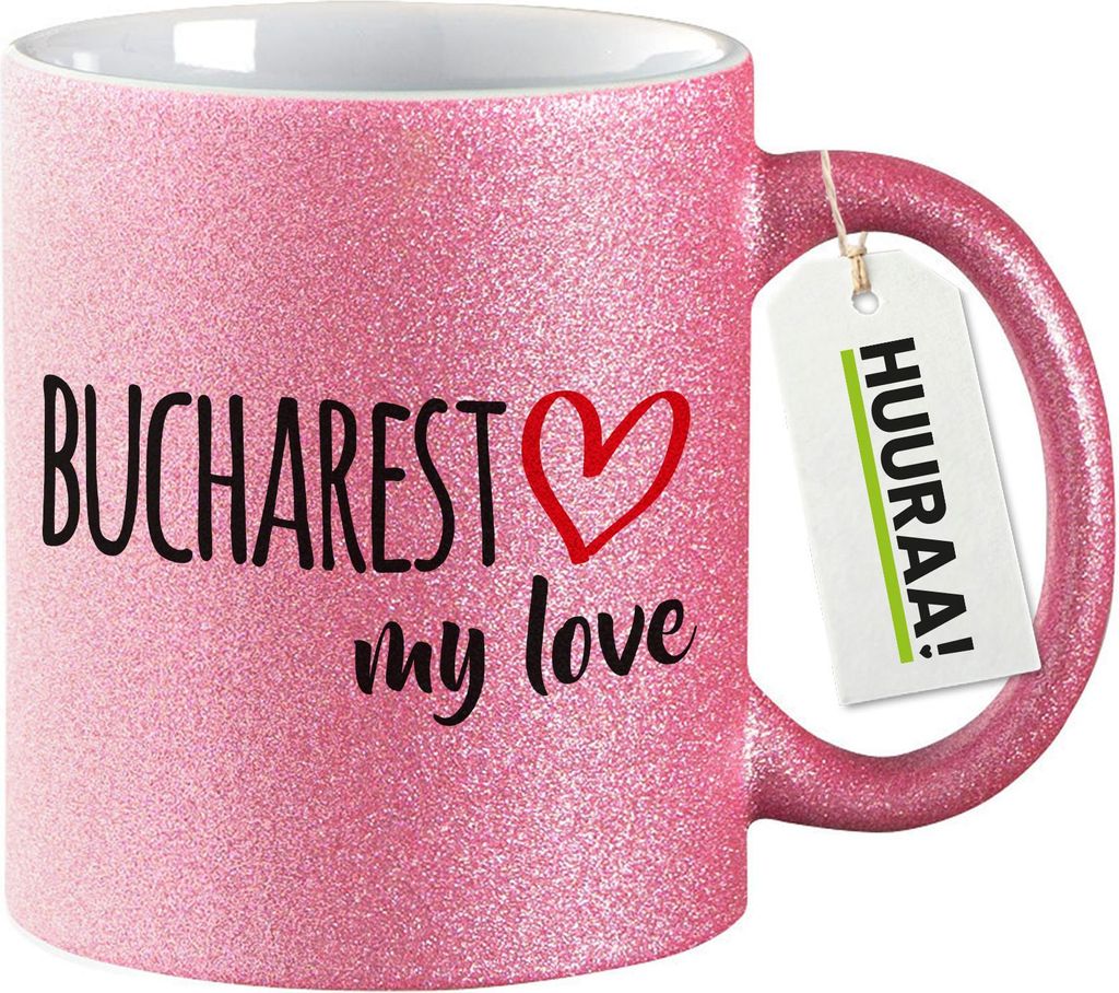 Huuraa Glitzertasse Bucharest my love 330ml Pink Keramik Kaffeebecher Geschenkidee