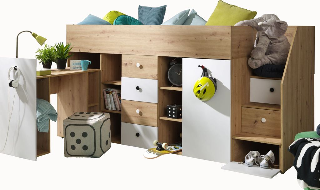 Etagenbett für Kinder SMART 3 Stockbett mit Treppe, Kleiderschrank und Schreibtisch (Artisan Eiche + Weiß matt, Seite: Rechts)