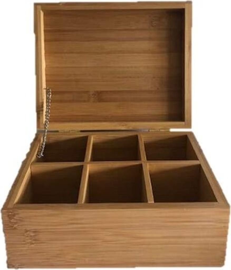 Teekiste aus Bambus mit aufklappbarem Deckel Teedose mit 6 Fächern als Teebeutelbox