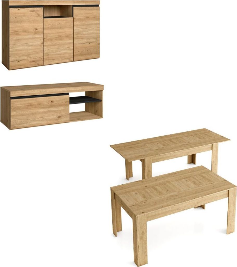 Set Naturale Esszimmer, Esszimmermöbel, Sideboard-TV-Schränke 120cm - Ausziehtisch Eiche/schwarz