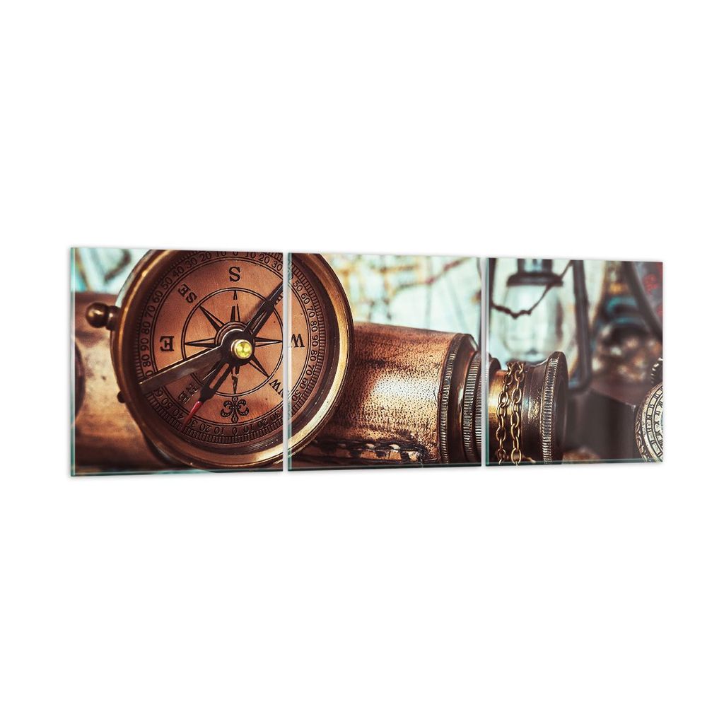 Bilder auf glas - Kompass Teleskop Abenteuer antik - 90x30cm - Glasbilder - Wandbilder - Kunstdruck - zum Aufhängen bereit - Wanddekoration aus Gl...