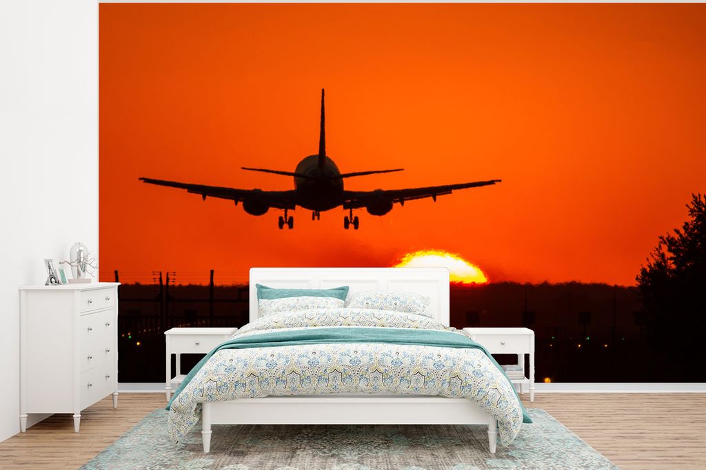 MuchoWow Fototapete für Wohnzimmer oder Schlafzimmer Wandtapete Vinyl Motivtapete Sonnenuntergang - Flugzeug - Orange - Sonne - 350x260 cm - Woh...