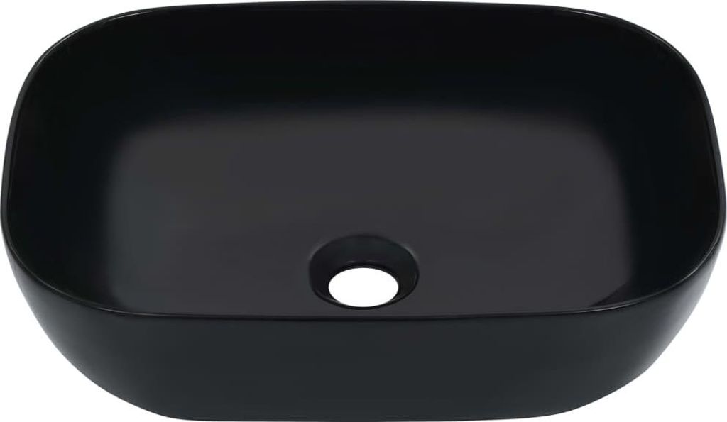 A black ceramic washbasin is shown from a front-facing, slightly elevated angle against a white background.