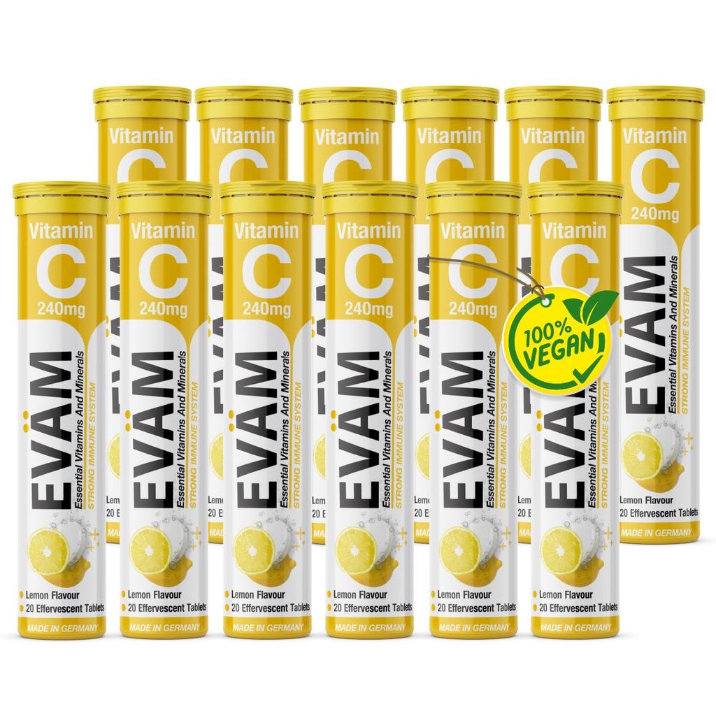 EVÄM Vitamin C Brausetabletten 12er Pack, Zitronengeschmack, Immunsystem & Energie, Verringerung von Müdigkeit und Ermüdung, zuckerfrei vegan