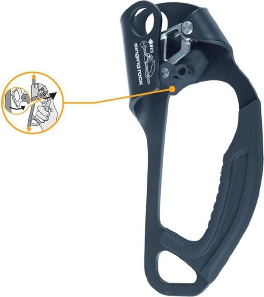 A close-up view of a black climbing ascender with an inset diagram showing how to use it.