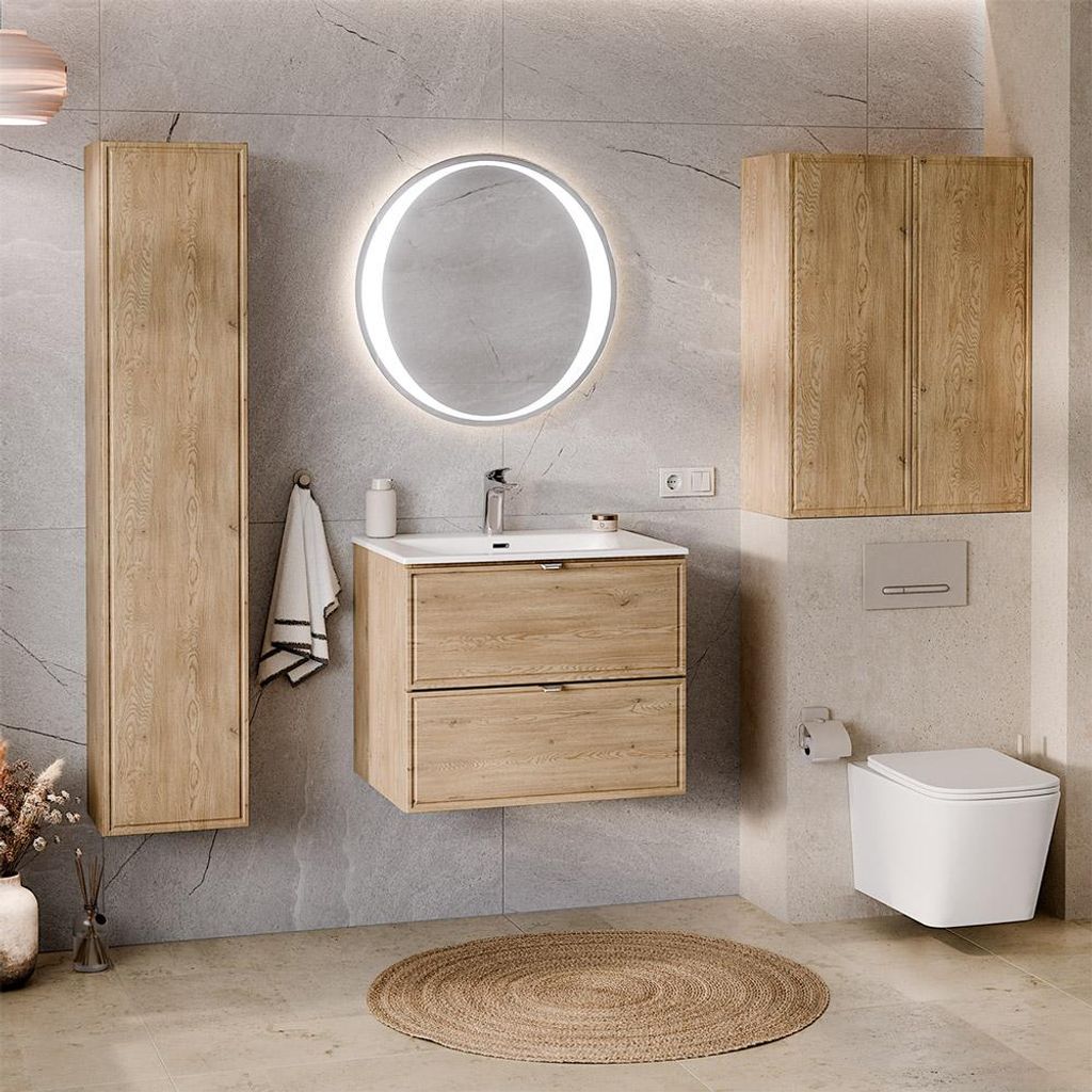 Badmöbel-Set 5-teilig mit 60 cm Waschtisch & LED-Spiegel in Eiche - TEMUCO-56-CREMONA