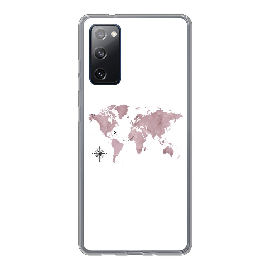 MuchoWow Handyhülle Schutzhülle Hülle für Samsung Galaxy S20 FE Weltkarte - Rosa - Flugzeug Silikon Softcase Handy Hülle - Abdeckung