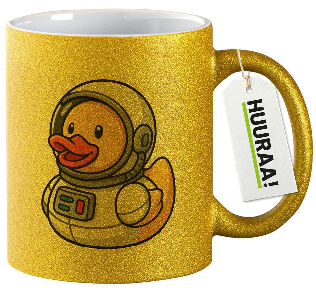 Huuraa Glitzertasse Quietscheente Astronaut Gummiente Raumfahrer 330ml Gold Keramik Kaffeebecher Geschenkidee