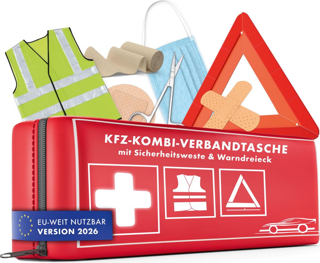 A collection of car safety and first aid items, including a first aid kit, a high-visibility vest, bandages, scissors, a face mask, and a warning triangle.