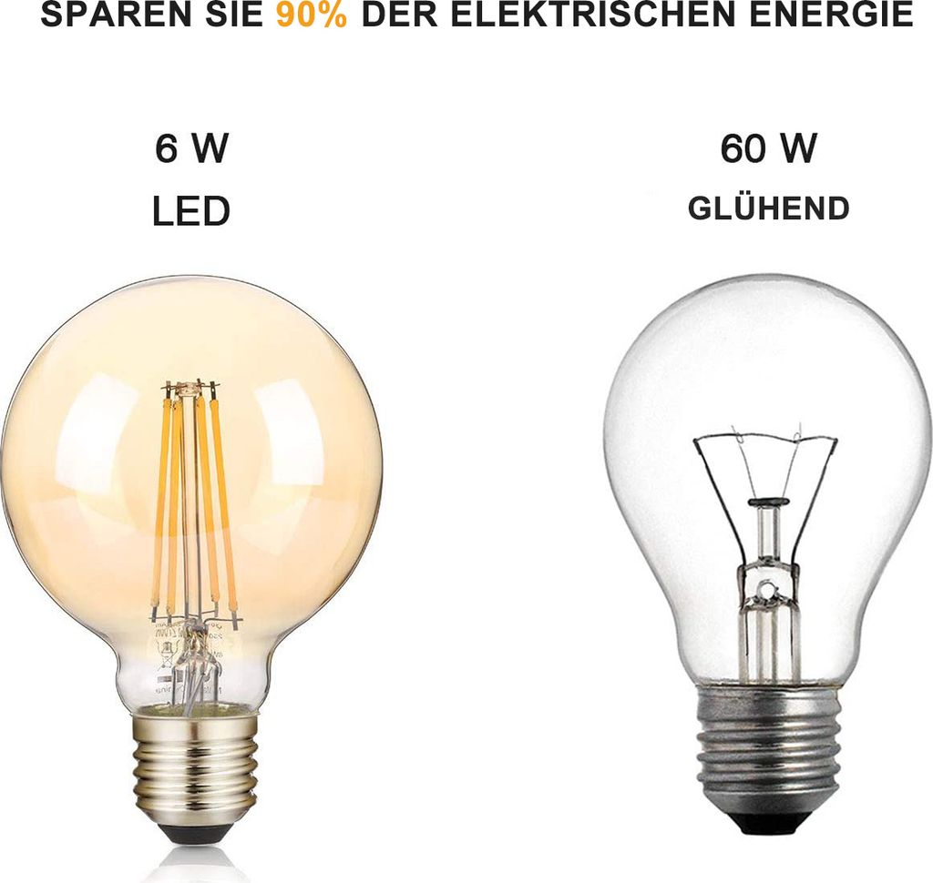 1x Vintage LED Edison Glühbirne E27 G80 – 6W, Warmweiß 2800K, Ersetzt 60W, Bernsteinfarbenes Glas