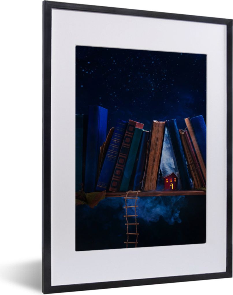MuchoWow MuchoWow Gerahmtes Poster Verlassenes Haus inmitten der Bücher 30x40 cm - Poster mit zchwarzem Bilderrahmen - Wandposter Schlafzimmer