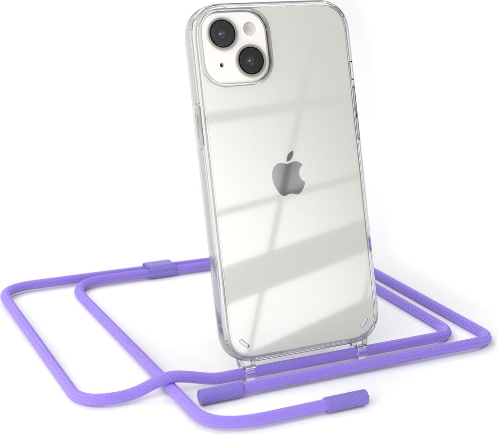 EAZY CASE Handykette für Apple iPhone 14 Plus, Clear Case aus Silikon, mit Umhängeband, abnehmbare Endstücke, Handyband in Violett