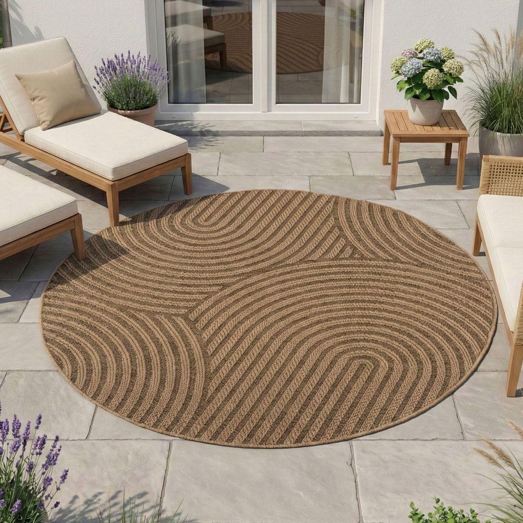 Homebyhome In- & Outdoor Teppich Wetterfest im natürlichen Jute-Look, ideal für Wohnzimmer, Küche, Terrasse & Balkon, Grösse: 200 cm Rund