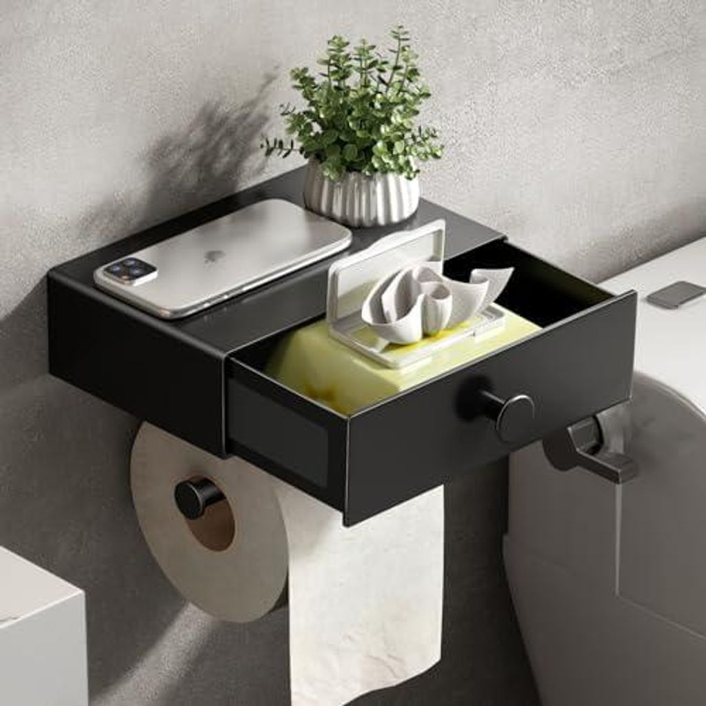 VOLDRA Toilettenpapierhalter Ohne Bohren, Klopapierhalter Mit Feuchttš¹cherbox Klorollenhalter mit Schublade Ablage Papier Halterung fš¹r Wc & ...