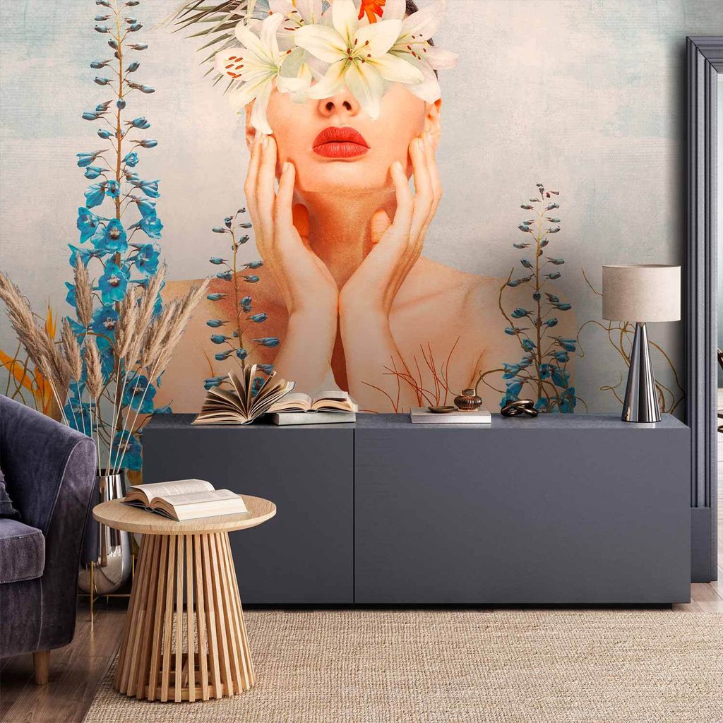 Selbstklebende Folie Fototapete - Nature in thought - female figure among flowers on a patterned background 196x140 cm Menschen h-C-10017-a-a