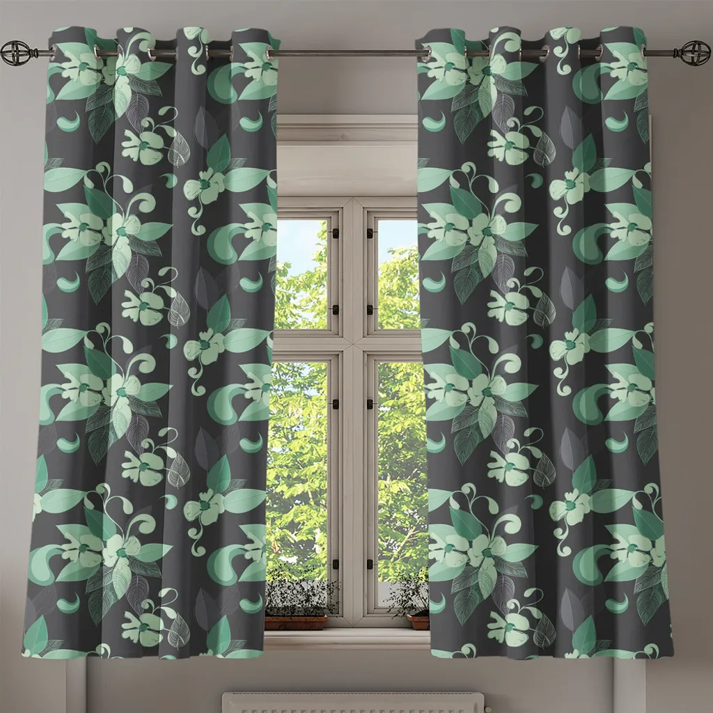 Rideau fleurs nostalgiques Gris Menthe Vert à œillets 2 Panneaux 280cm - 2