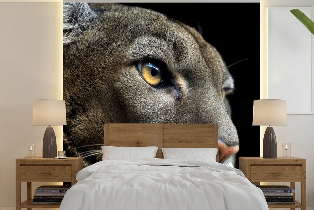 MuchoWow Fototapete für Wohnzimmer oder Schlafzimmer Wandtapete Vinyl Motivtapete Cougar - Gelb - Schwarz - 240x240 cm - Schlafzimmer-Tapete