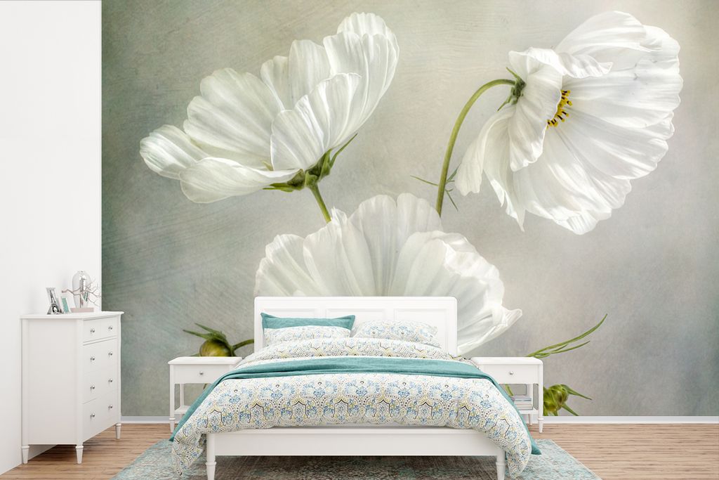 MuchoWow Fototapete für Wohnzimmer oder Schlafzimmer Wandtapete Vinyl Motivtapete Blumen - Stillleben - Mohn - Weiß - Botanisch - 600x400 cm - ...