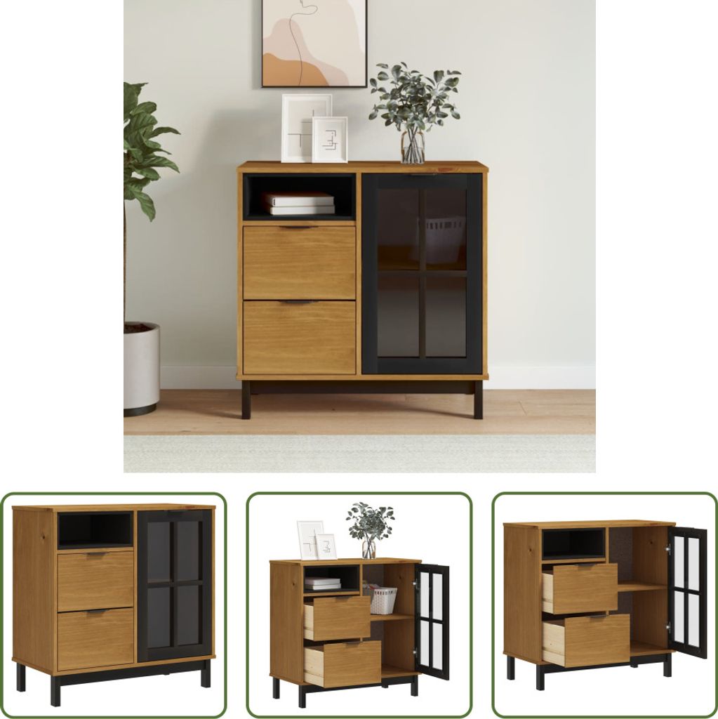 The Living Store Sideboard mit Glastür FLAM 80x40x80 cm Massivholz Kiefer