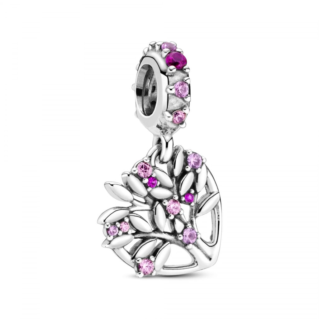 A silver charm shaped like a tree with pink and purple gemstones.