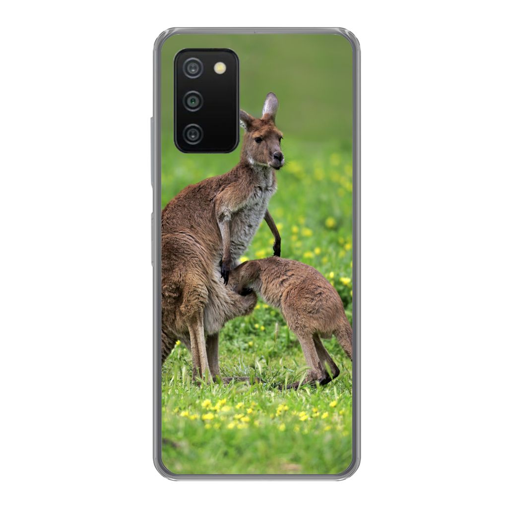 MuchoWow Handyhülle Schutzhülle Hülle für Samsung Galaxy A03s Känguru - Blumen - Jung Silikon Softcase Handy Hülle - Schutz