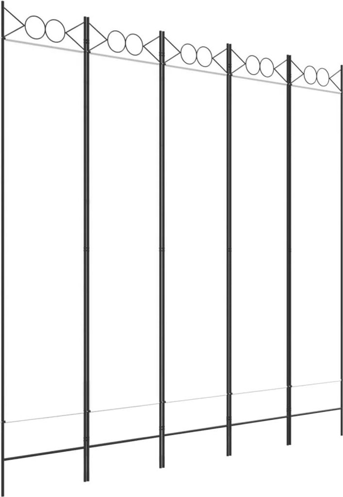 A black metal garden screen with decorative circles at the top and horizontal supports.