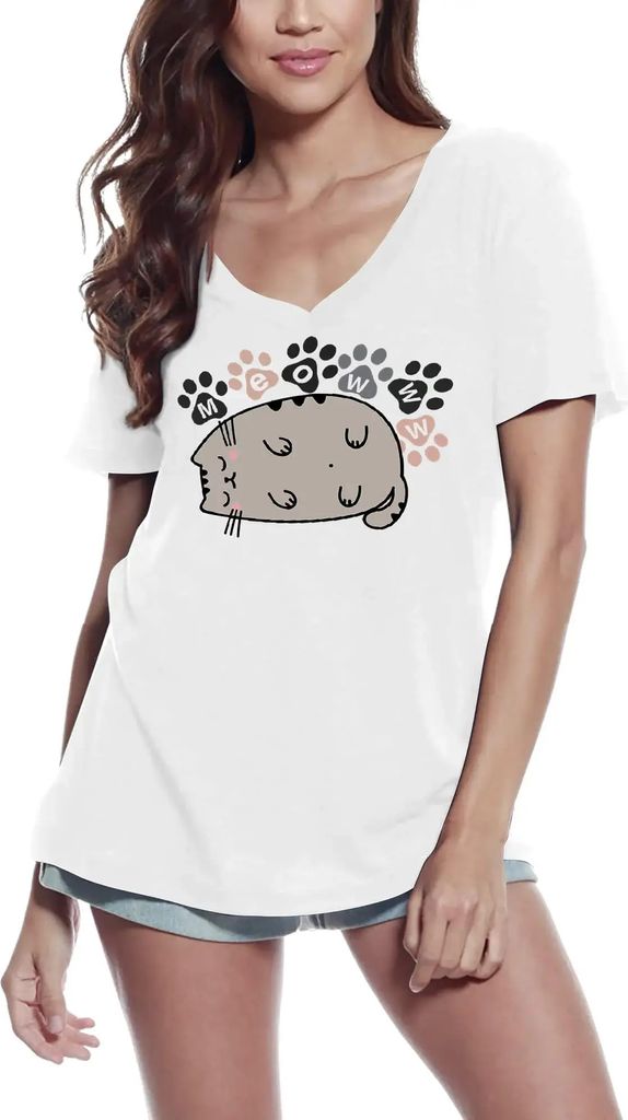 Damen Grafik T-Shirt V-Ausschnitt Katze miau – Cat Meow – Öko-Verantwortlich Vintage Jahrgang Kurzarm Lustige Druck Geburtstag Geschenk Frau