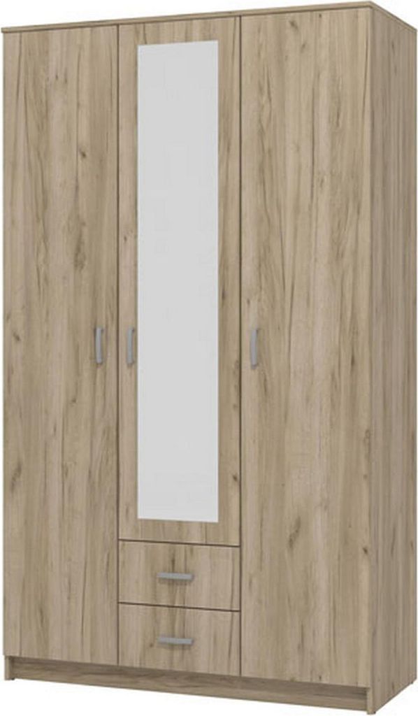Dmora Kleiderschrank 3 Türen Crati 120x52 cm Eiche Braun, Kleiderstange, 2 Schubladen