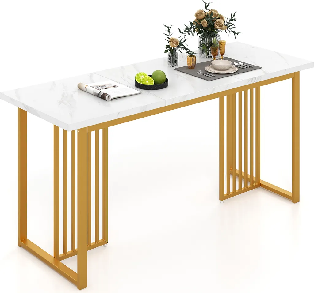 Tavolo da pranzo COSTWAY in legno 160x60cm, tavolo da cucina rettangolare con aspetto marmoreo e gambe in metallo, tavolo da pranzo per 6-8 persone, grande tavolo bianco dorato