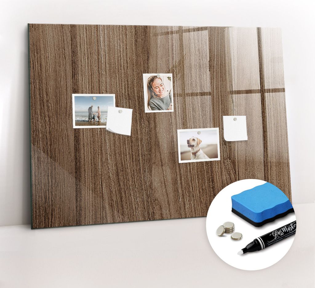 Magnetische Wandnotiztafel - Weißer Marker + Schwamm + Magnete 100 x 70 cm - Dunkles Holz