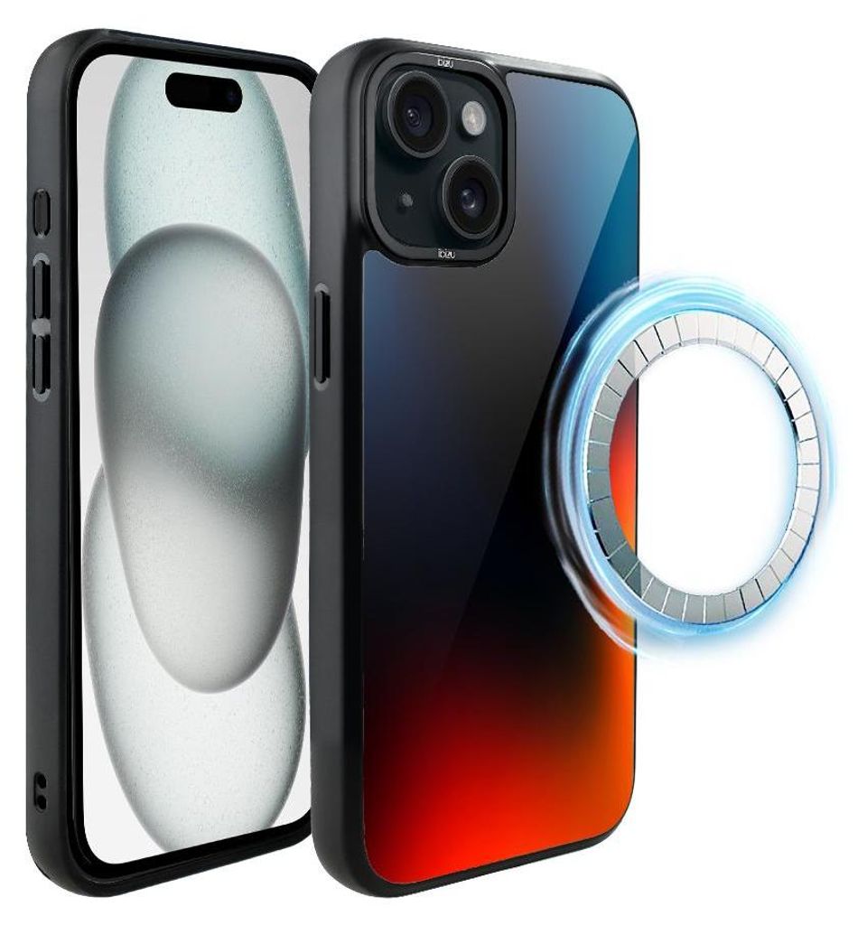 Schutzhülle für das iPhone 15, MagSafe-kompatibel, mattschwarze Seiten, dunkelblaues und rotes Licht