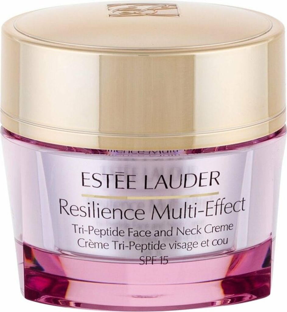 A close-up studio shot of an Estee Lauder Resilience Multi-Effect Tri-Peptide Face and Neck Creme jar.